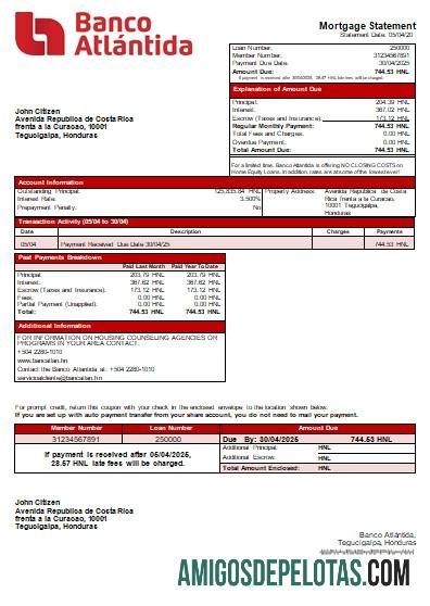 Honduras Banco Atlantida Bank Bank Mortgage Statement Scr exemplo real
